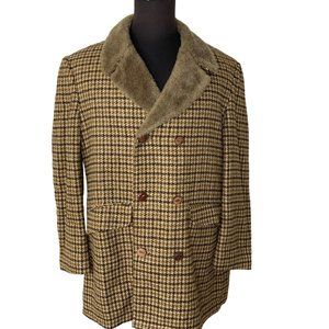 Cresco Vintage Men Heavy Wool Check Car Coat Russet Brown Gold Tan Faux Pile 44